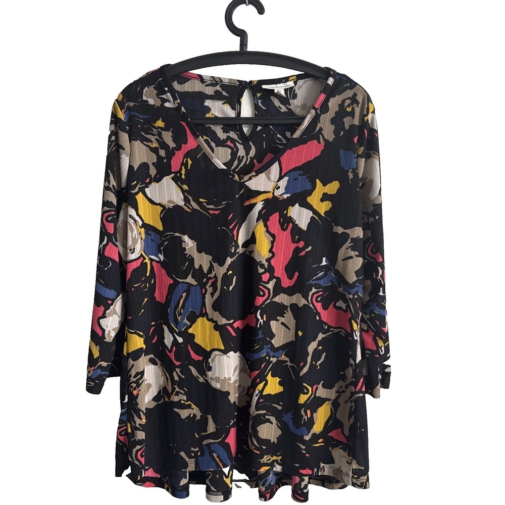 Dana Buchman Abstract Tunic Top XL V-Neck 3/4 Sleeve Casual Lightweight Everyday